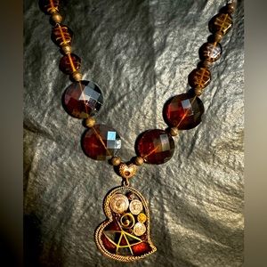 Heart Necklace - Handmade Red amber Crystal and Copper Double Heart Pendant